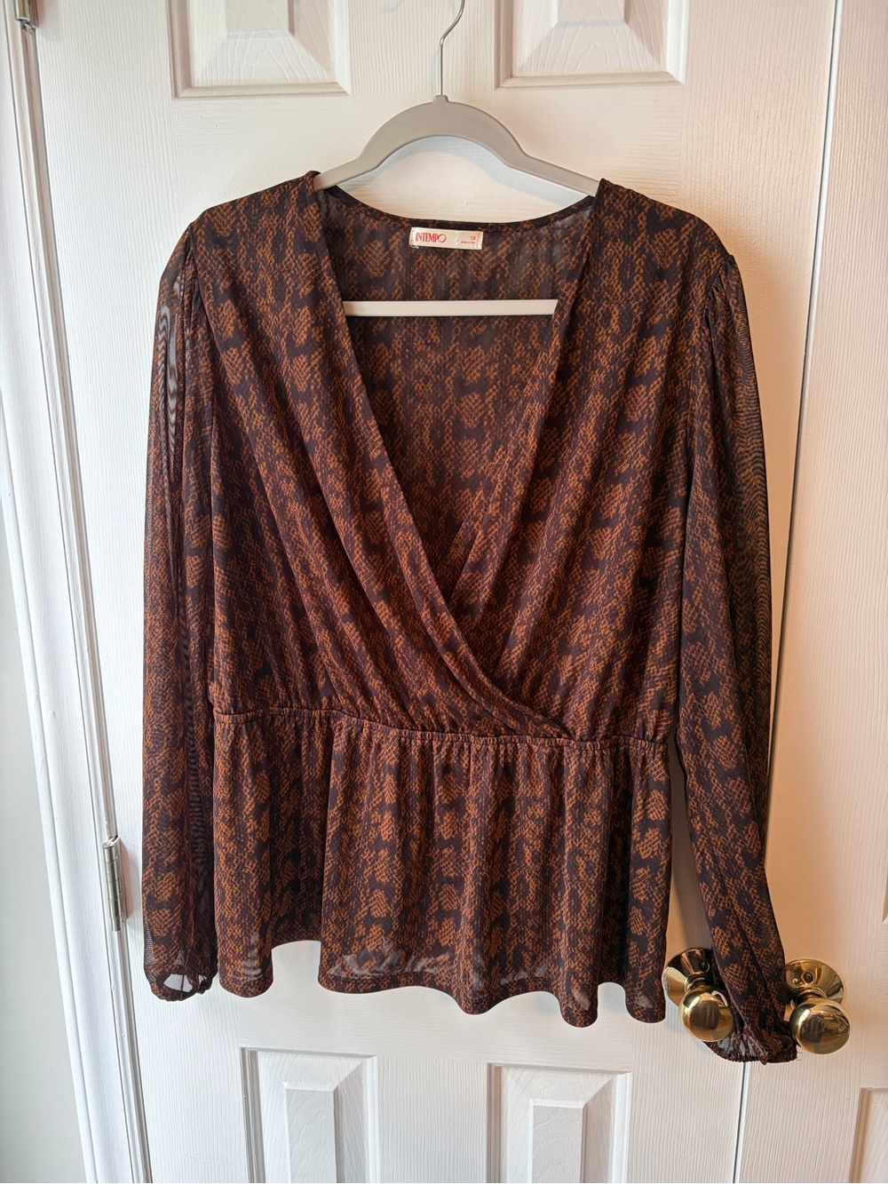 Intempo Brown Animal Snake Print Wrap Peplum Blouse